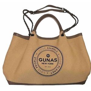 Gunas New York Vegan Leather Canvas Shoulder Tote Bag Tan with Olive Trim